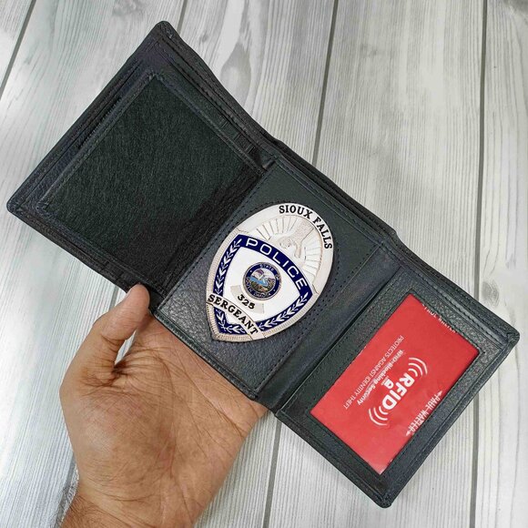 Leather Badge Holder, Law Enforcement, Security Style Trifold Badge Wallet - Picture 1 of 7